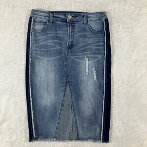 Y2K LITZ Denim Jean Skirt Slit Distressed Grunge Midi Frayed Hem Medium Pockets